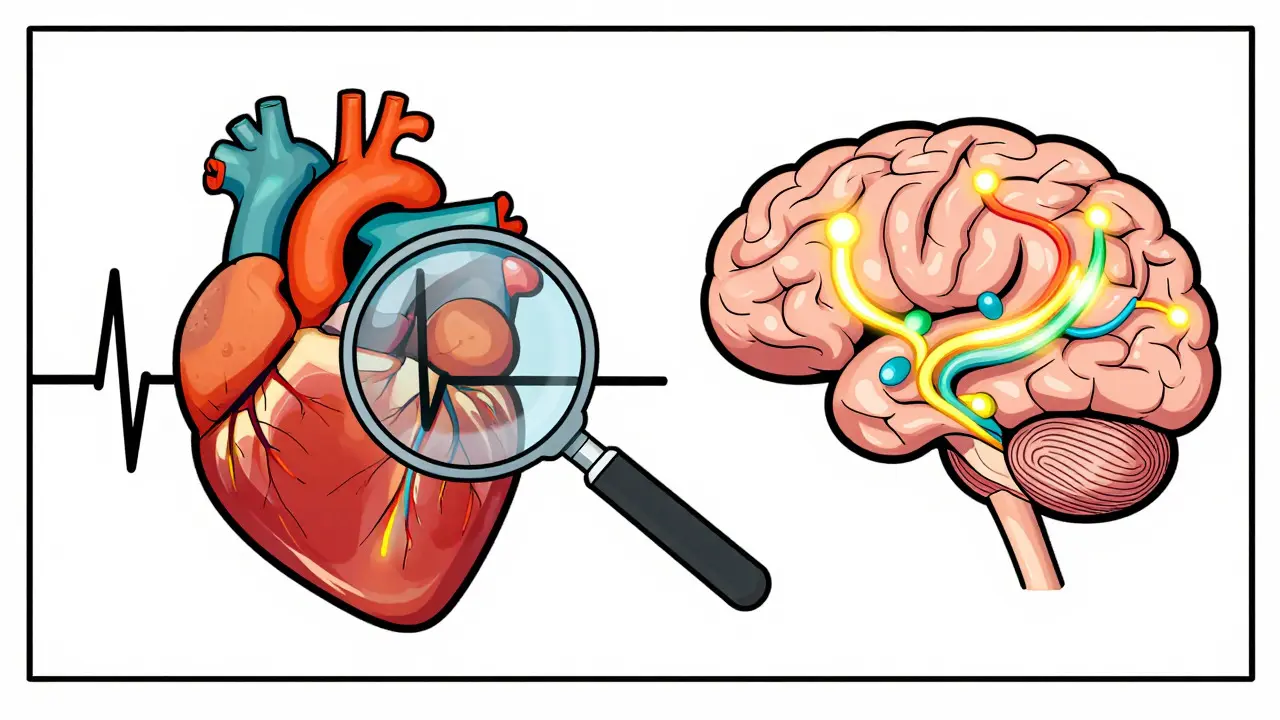 Dessin rétro montrant le cœur et le cerveau pour expliquer le mécanisme des stimulants TDAH