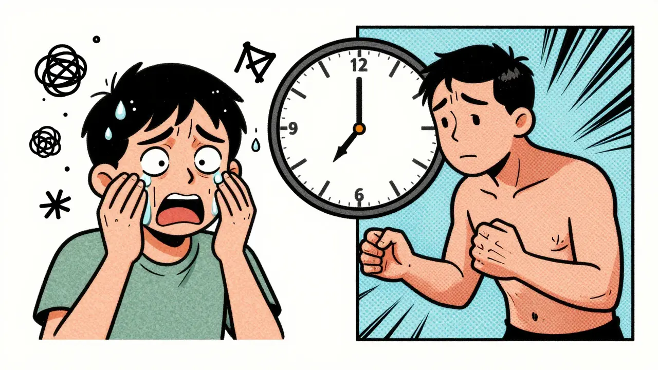 Illustration vintage montrant les symptômes du syndrome sérotoninergique comme fièvre et tremblements