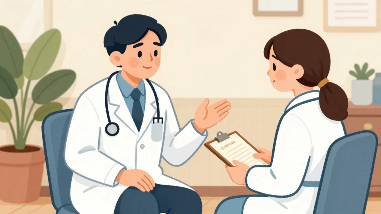 Médecin et patient en discussion amicale lors d'une consultation sur le suivi thérapeutique