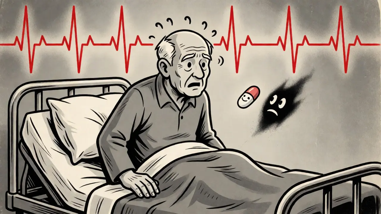 Patient âgé victime d'arythmie cardiaque due à une interaction médicamenteuse dangereuse.