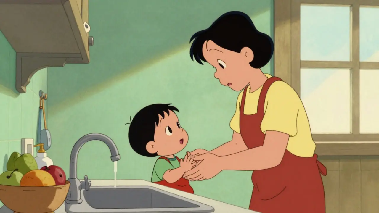 Un parent et un enfant se lavent les mains ensemble dans une cuisine familiale chaleureuse