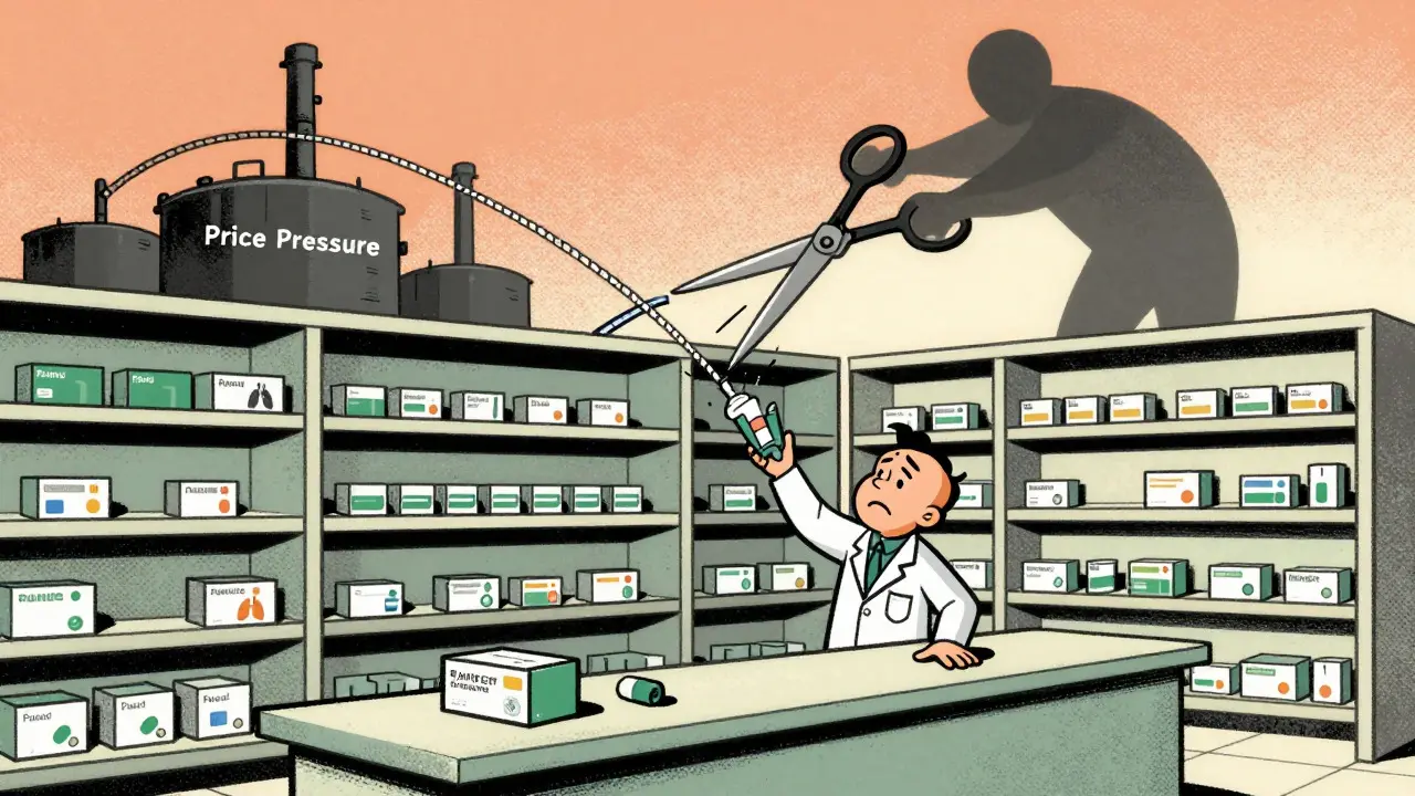 Une scène de pénurie dans une pharmacie due à la pression sur les prix, style cartoon vintage