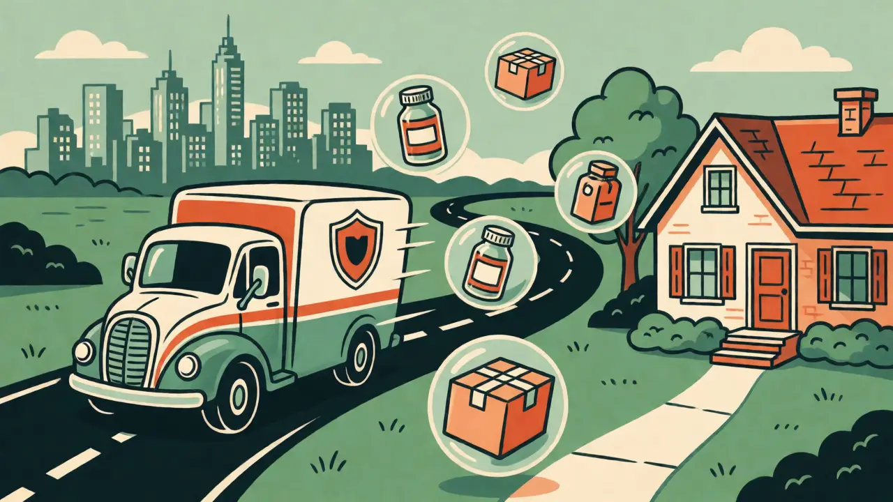 Cartoon vintage illustrant la livraison rapide de médicaments par voie postale ou camionnette.