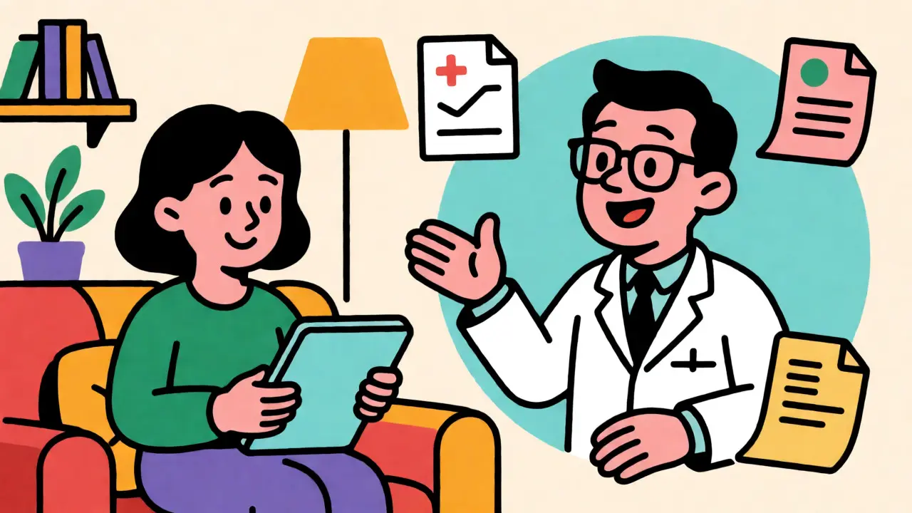 Dessin rétro d'une consultation médicale en ligne via une tablette avec un médecin souriant.